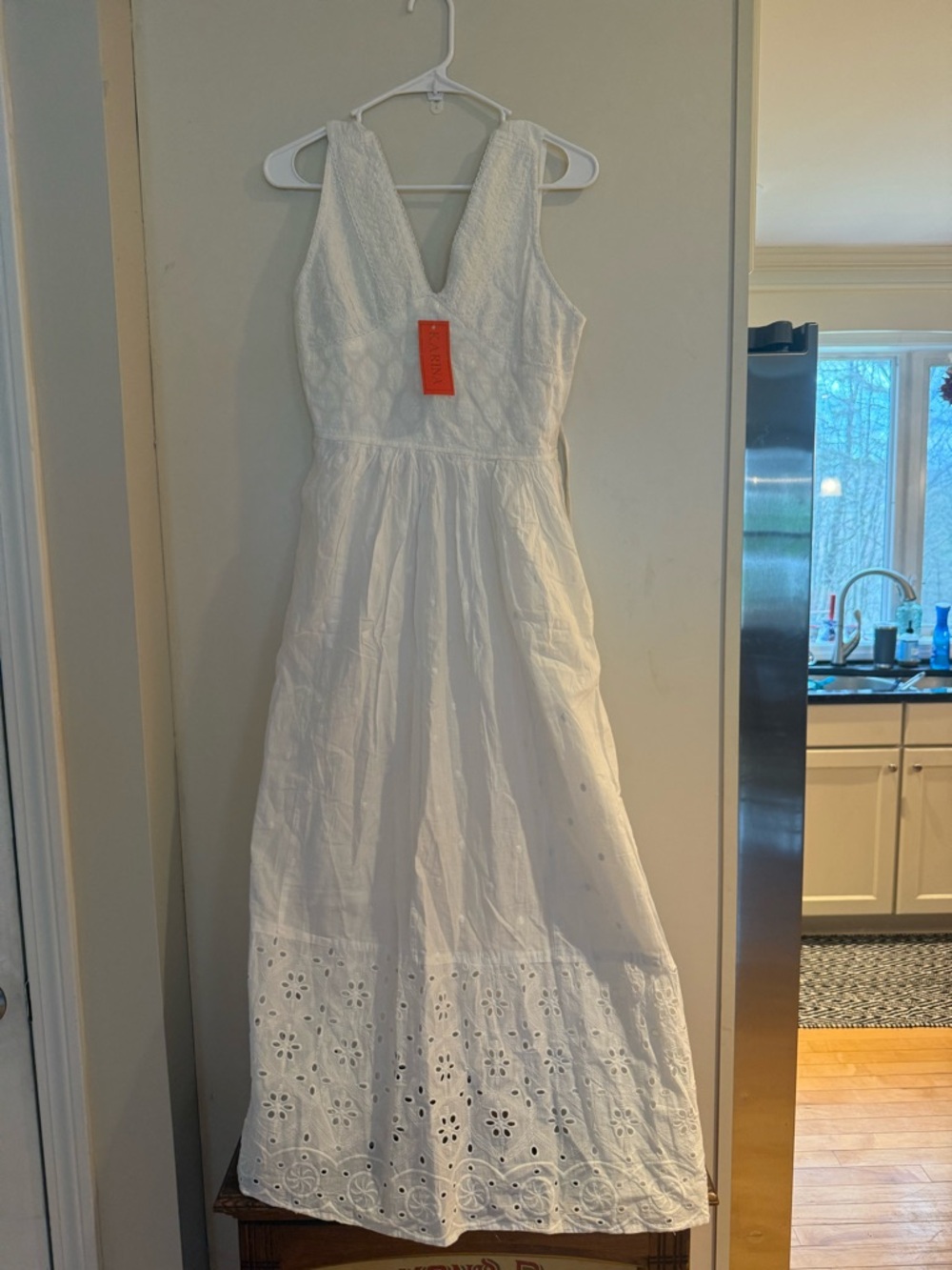 100% Cotton White Eyelet Maxi Dress with V-Neck made in India